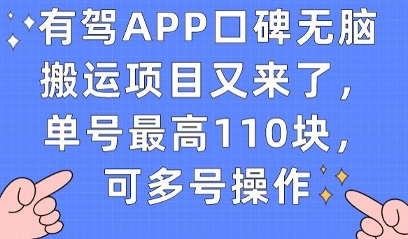 有驾APP口碑无脑搬运项目又来了，单号最高110块，可多号操作-聚富社