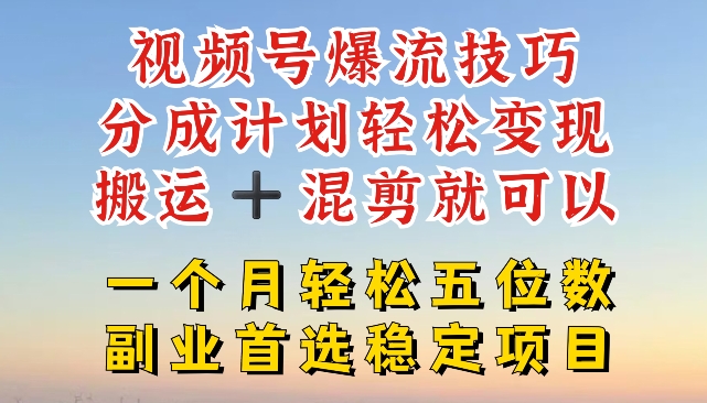 视频号爆流技巧,分成计划轻松变现,搬运 +混剪就可以,一个月轻松五位数稳定项目【揭秘】-聚富社