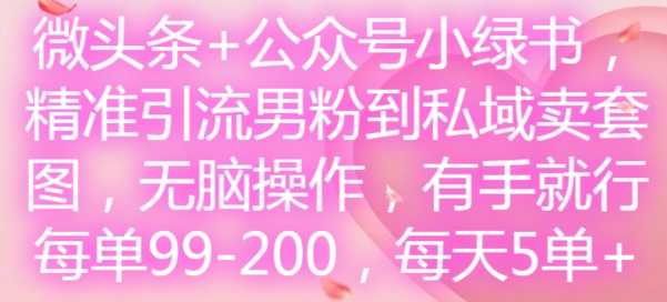微头条+公众号小绿书,精准引流男粉到私域卖套图,无脑操作,有手就行,每单99-200,每天5单-聚富社
