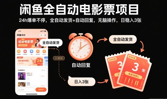 闲鱼全自动电影票项目，24h爆单不停，全自动发货+自动回复，无脑操作，日稳入3张【揭秘】-聚富社