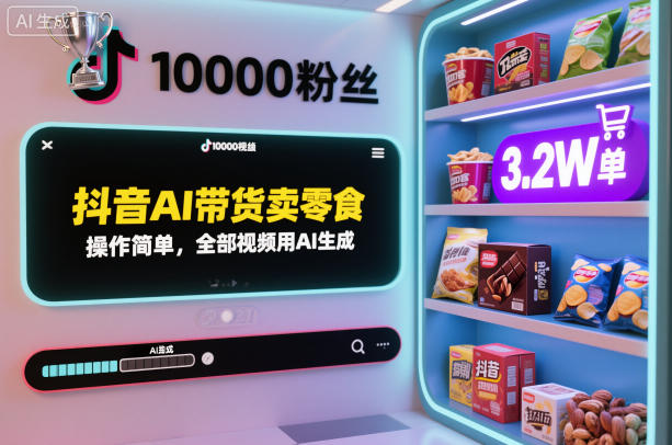 抖音AI带货卖零食，操作简单，全部视频用AI生成，一万粉丝，卖了3.2W单-聚富社