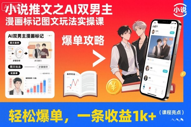 小说推文之AI双男主漫画标记图文玩法实操课，轻松爆单，一条收益1k+-聚富社