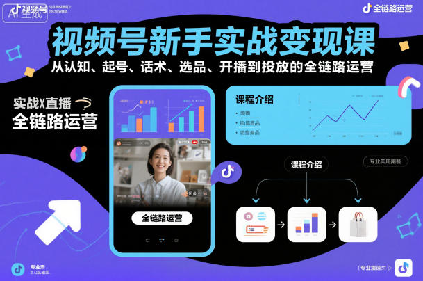 视频号新手实战变现课，从认知、起号、话术、选品、开播到投放的全链路运营-聚富社