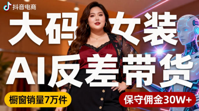 抖音小众赛道，大码女装AI反差带货，不用直播，每天6条作品，橱窗卖7万件，保守佣金30W+-聚富社