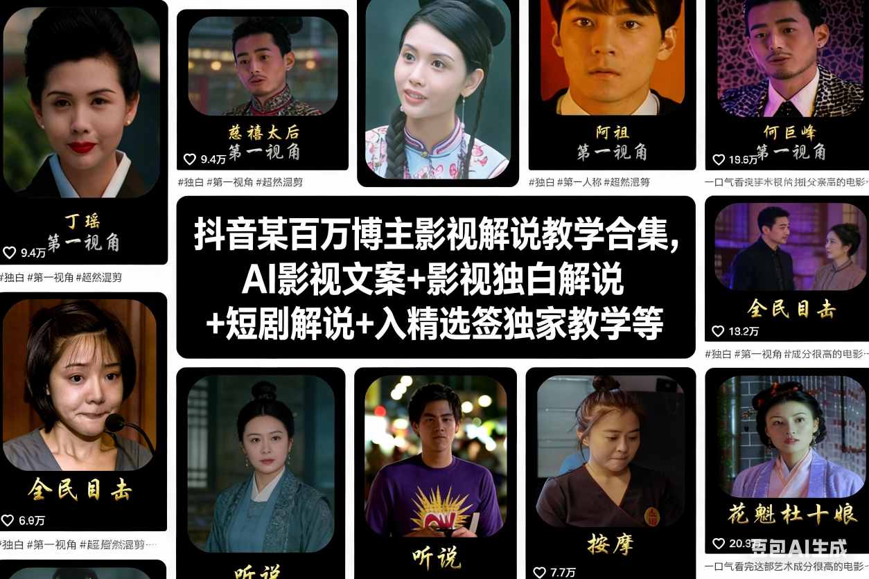 抖音某百万博主影视解说教学合集，AI影视文案+影视独白解说+短剧解说+入精选签独家教学等-聚富社