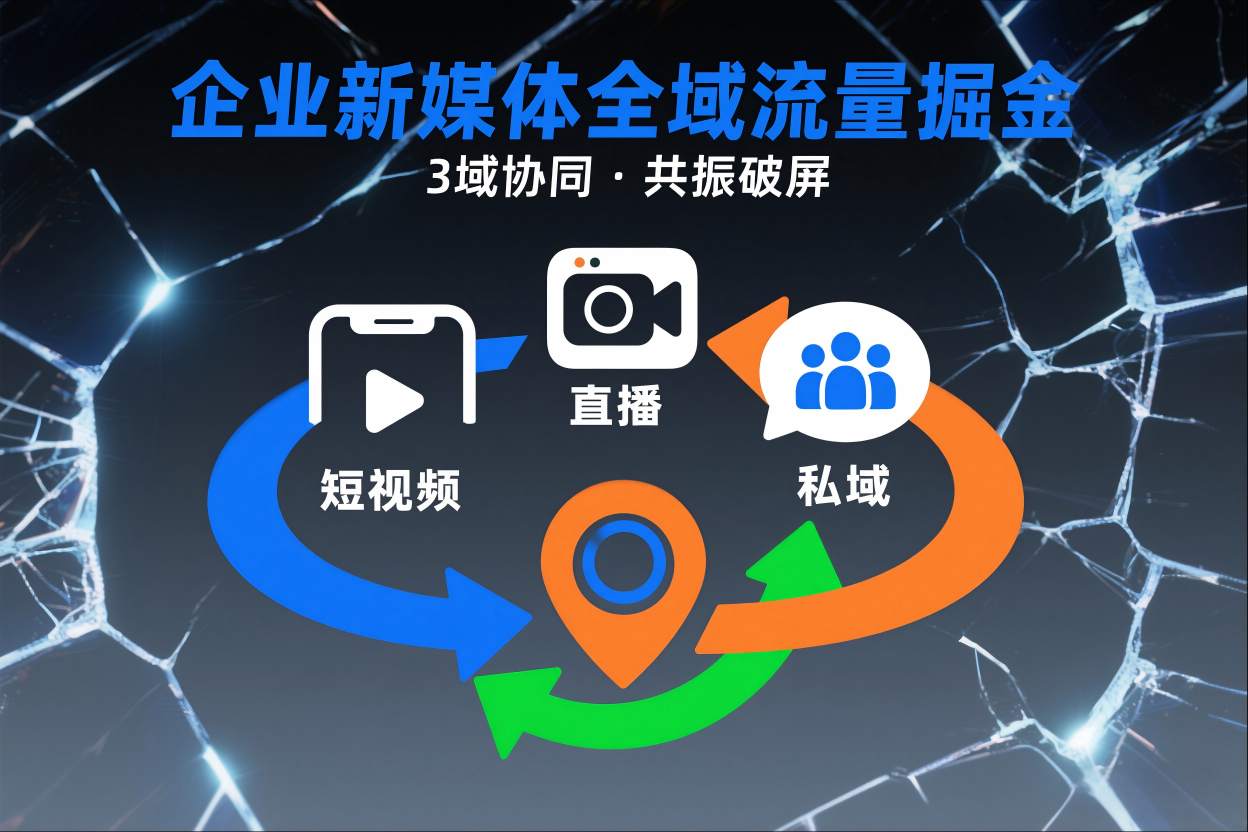 短视频全域商业模式，企业新媒体全域流量掘金，3域协同，共振破屏，短视频-直播-私域-地域-聚富社