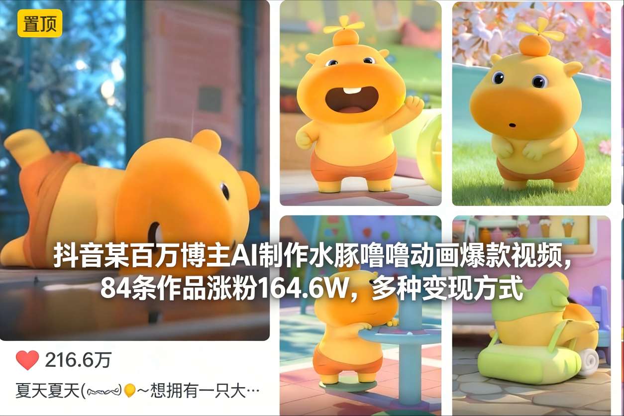 抖音某百万博主AI制作水豚噜噜动画爆款视频，84条作品涨粉164.6W，多种变现方式-聚富社