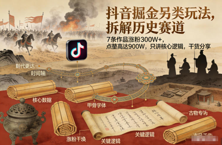 抖音掘金另类玩法，拆解历史赛道，7条作品涨粉300W+，点赞量高达900W，只讲核心逻辑，干货分享-聚富社