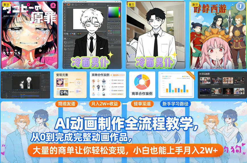 AI动画制作全流程教学，从0到完成完整动画作品，大量的商单让你轻松变现，小白也能上手月入2W+-聚富社