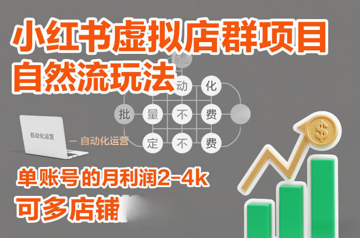 小红书虚拟店群项目，自然流玩法，批量自动化，稳定不费号，单账号的月利润2-4k，可多店矩阵-聚富社