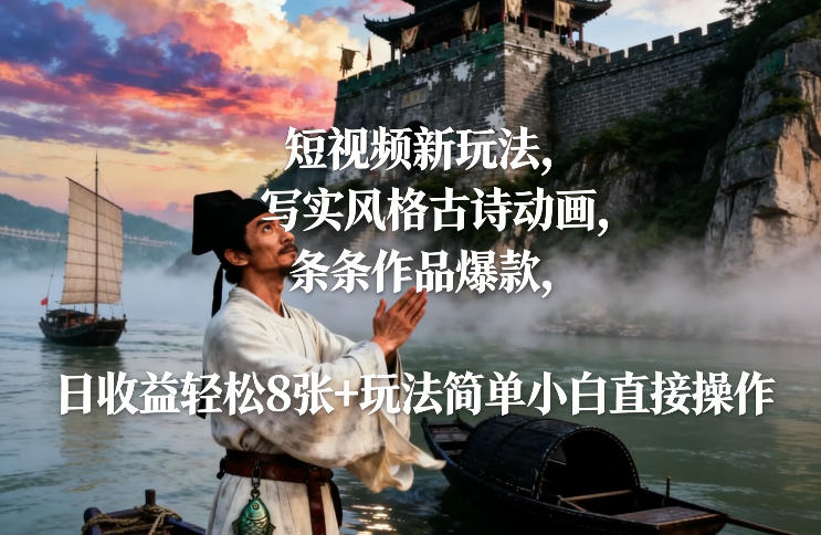 短视频新玩法，写实风格古诗动画，条条作品爆款，日收益轻松8张+玩法简单小白直接操作-聚富社