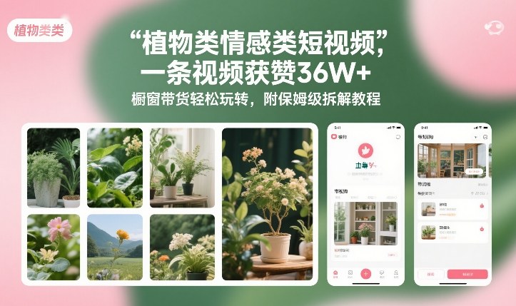 植物类情感类短视频，一条视频获赞36W+，橱窗带货轻松玩转，附保姆级拆解教程-聚富社