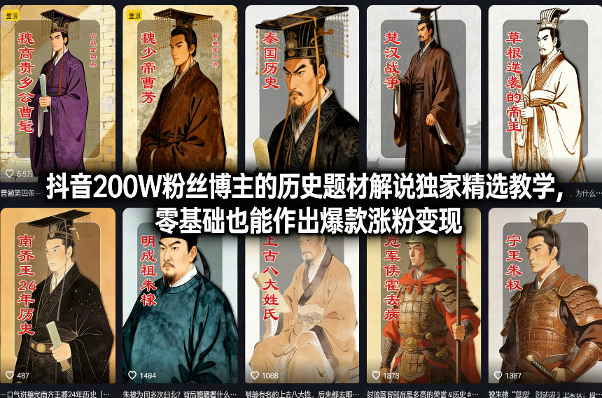 抖音200W粉丝博主的历史题材解说独家精选教学，零基础也能作出爆款涨粉变现-聚富社