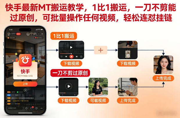 快手最新MT搬运教学，1比1搬运，一刀不剪能过原创，可批量操作任何视频，轻松连怼挂链-聚富社