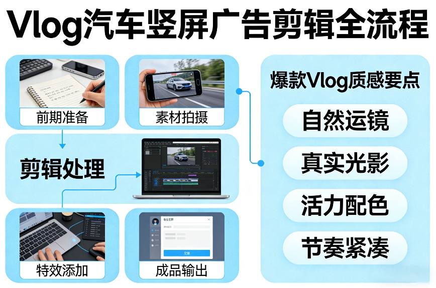 Vlog感觉汽车竖屏广告剪辑脚本全流程，拿捏爆款Vlog质感-聚富社