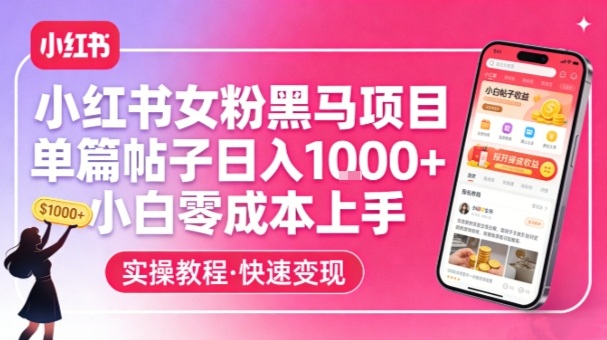 小红书女粉黑马项目，单篇帖子日入1k+，小白零成本上手-聚富社