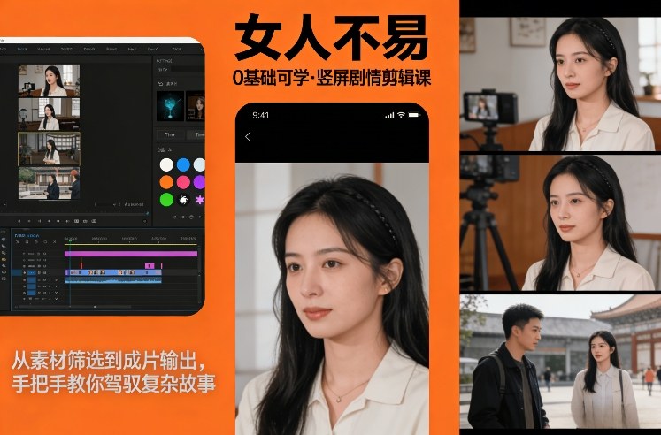 0基础可学！《女人不易》竖屏剧情剪辑课，从素材筛选到成片输出，手把手教你驾驭复杂故事-聚富社