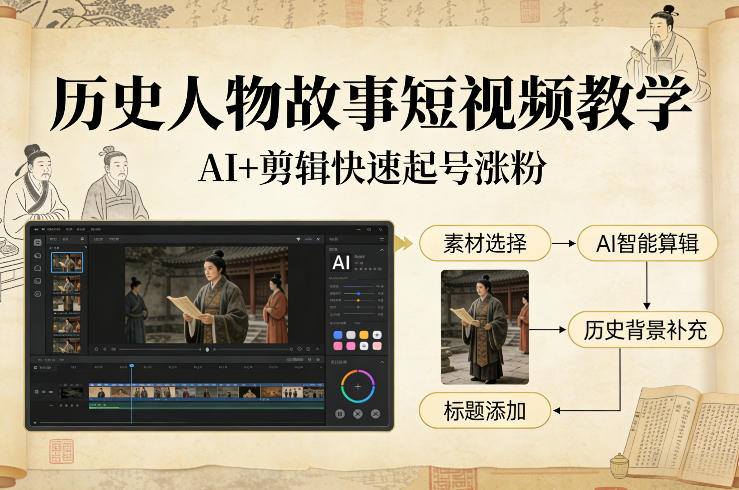 历史人物故事短视频教学，AI+剪辑制作历史人物题材短视频，快速起号涨粉-聚富社