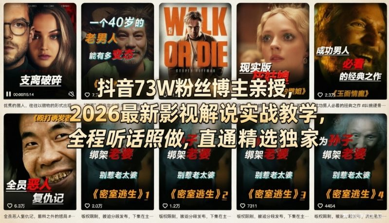 抖音73W粉丝博主亲授，2026最新影视解说实战教学，全程听话照做，直通精选独家-聚富社