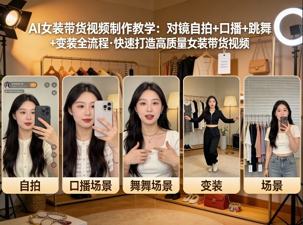 AI女装带货视频制作教学，对镜自拍、口播、跳舞、变装全流程，快速打造高质量女装带货视频-聚富社