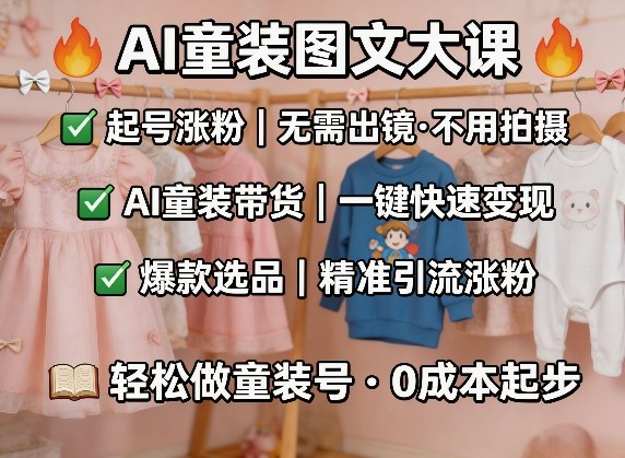 AI童装图文剪辑，某社群童装图文大课，起号涨粉、AI童装带货、爆款选品，无需出镜和拍摄-聚富社