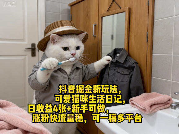 抖音掘金新玩法，可爱猫咪生活日记，日收益4张+新手可做，涨粉快流量稳，可一稿多平台-聚富社