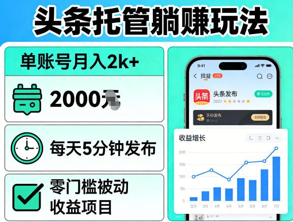 头条托管躺賺玩法，单账号月入2k+，每天5分钟发布即可，零门槛被动收益项目【揭秘】-聚富社