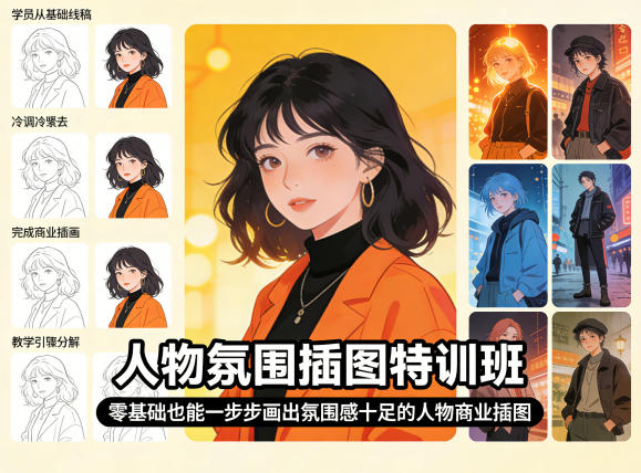 人物氛围插图特训班，零基础也能一步步画出氛围感十足的人物商业插图-聚富社