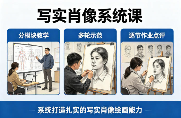 写实肖像系统课，全程分模块教学+多轮示范+逐节作业点评，系统打造扎实的写实肖像绘画能力-聚富社