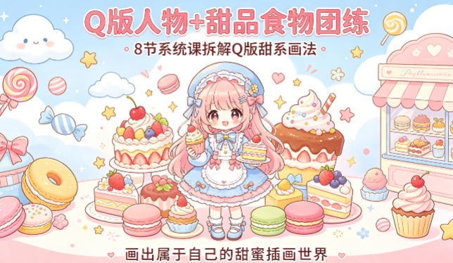 Q版人物+甜品食物团练，8节系统课拆解Q版甜系画法，画出属于自己的甜蜜插画世界-聚富社