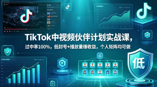TikTok中视频伙伴计划实战课，过中率100%，低封号+播放量賺收益，个人矩阵均可做-聚富社