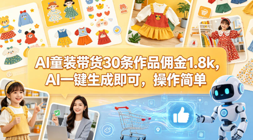 AI童装带货30条作品佣金1.8k，AI一键生成即可，操作简单-聚富社