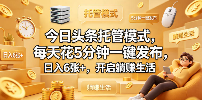 今日头条托管模式，每天花5分钟一键发布，日入6张+，开启躺賺生活【揭秘】-聚富社