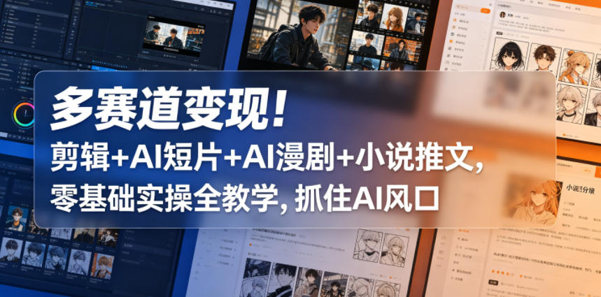 多赛道变现！剪辑+AI短片+AI漫剧+小说推文，零基础实操全教学，抓住AI风口-聚富社