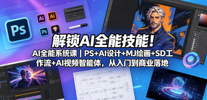 解锁AI全能技能！AI全能系统课｜PS+AI设计+MJ绘画+SD工作流+AI视频智能体，从入门到商业落地-聚富社