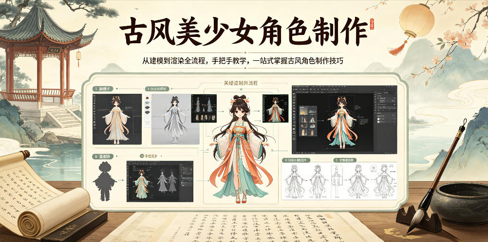 古风美少女角色制作，从建模到渲染全流程，手把手教学，一站式掌握古风角色制作技巧-聚富社