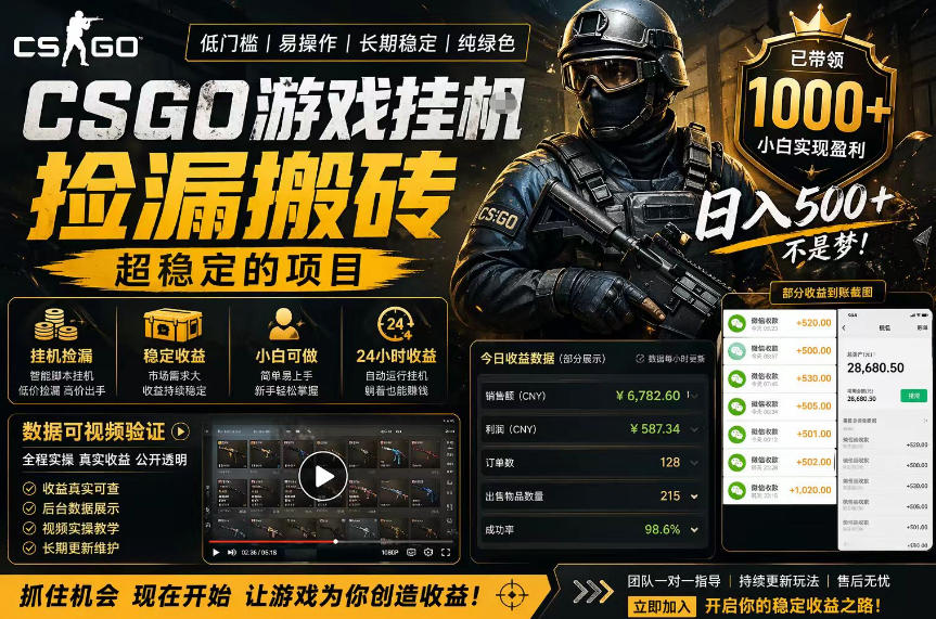 CSGO游戏搬砖，全自动挂G，不需要玩游戏，手机操作日入300+，解放双手【揭秘】-聚富社