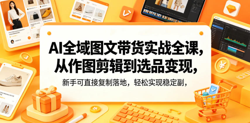 AI全域图文带货实战全课，从作图剪辑到选品变现，新手可直接复制落地，轻松实现稳定副业增收-聚富社