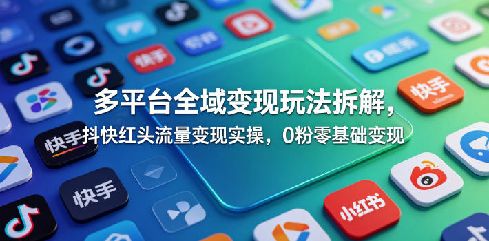 多平台全域变现玩法拆解，抖快红头流量变现实操，0粉零基础变现-聚富社