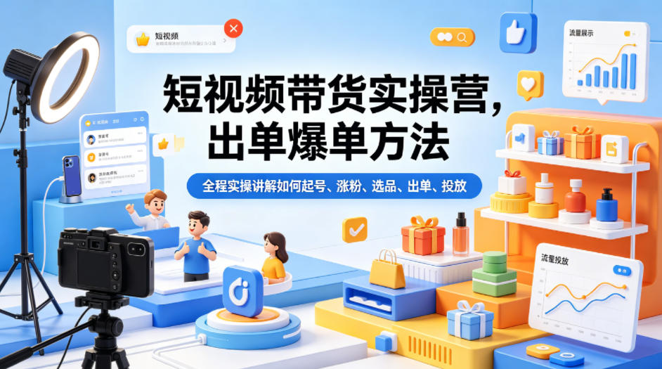 短视频带货实操营，出单爆单方法，全程实操讲解如何起号、涨粉、选品、出单、投放-聚富社