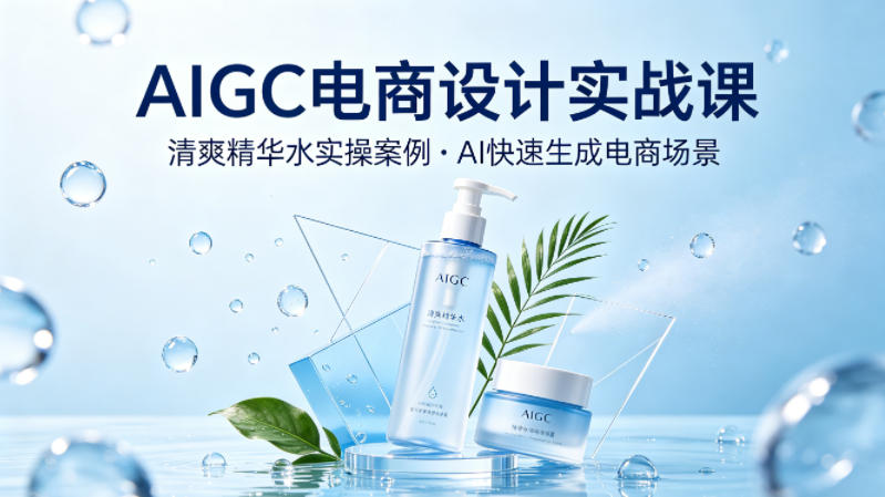 AIGC电商设计实战课，以清爽精华水为实操案例，教你用AI快速生成电商场景-聚富社
