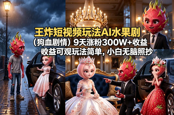 王炸短视频玩法AI水果剧（狗血剧情）9天涨粉300W+收益可观玩法简单，小白无脑照抄，详细拆解玩法-聚富社