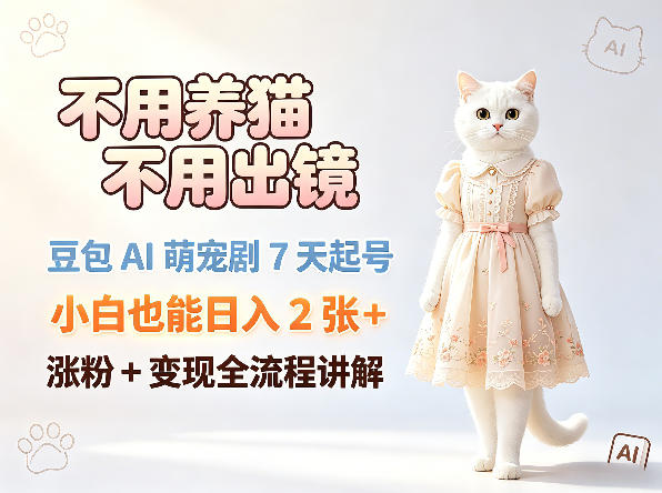 不用养猫不用出镜，豆包AI萌宠剧7天起号，小白也能日入2张+，涨粉+变现全流程讲解-聚富社