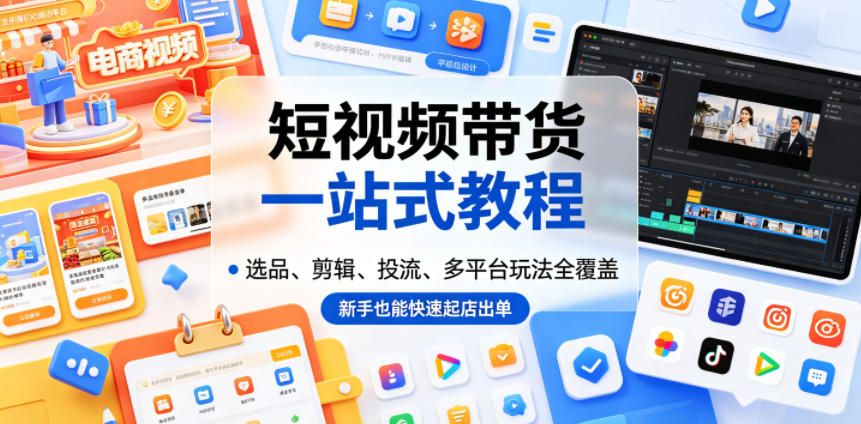 短视频带货一站式教程，选品、剪辑、投流、多平台玩法全覆盖，新手也能快速起店出单-聚富社
