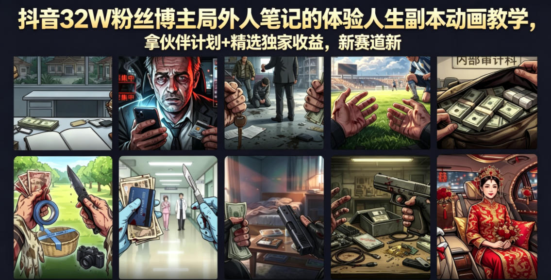 抖音32W粉丝博主局外人笔记的体验人生副本动画教学，拿伙伴计划+精选独家收益，新赛道新涨粉快【录制版】-聚富社