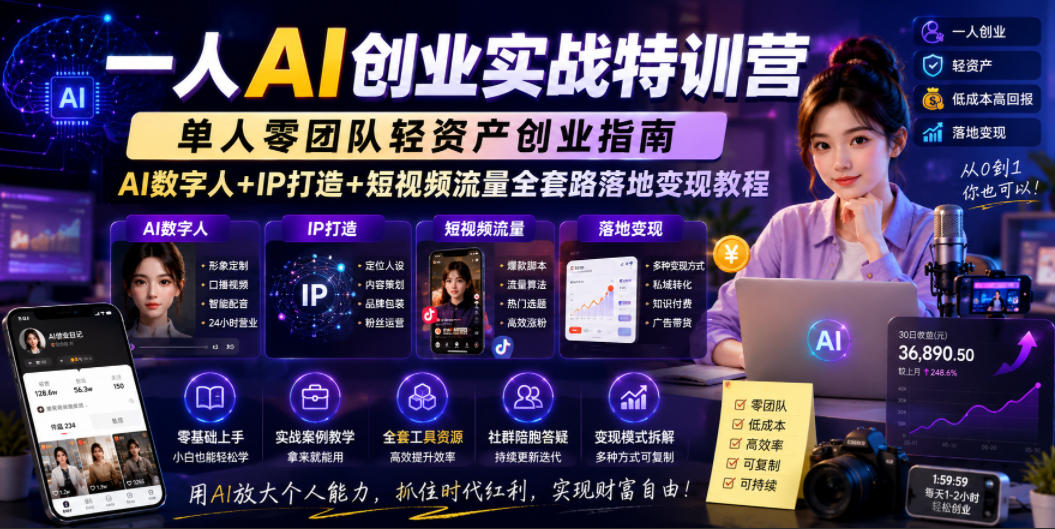 一人AI创业实战特训营，单人零团队轻资产创业指南，AI数字人+IP打造+短视频流量全套路落地变现教程-聚富社