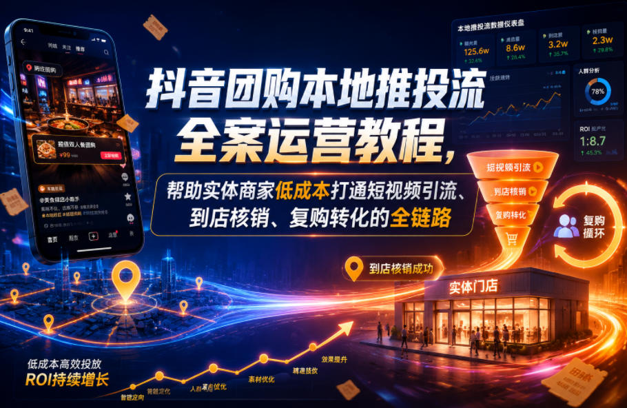 抖音团购本地推投流全案运营教程，帮助实体商家低成本打通短视频引流、到店核销、复购转化的全链路-聚富社