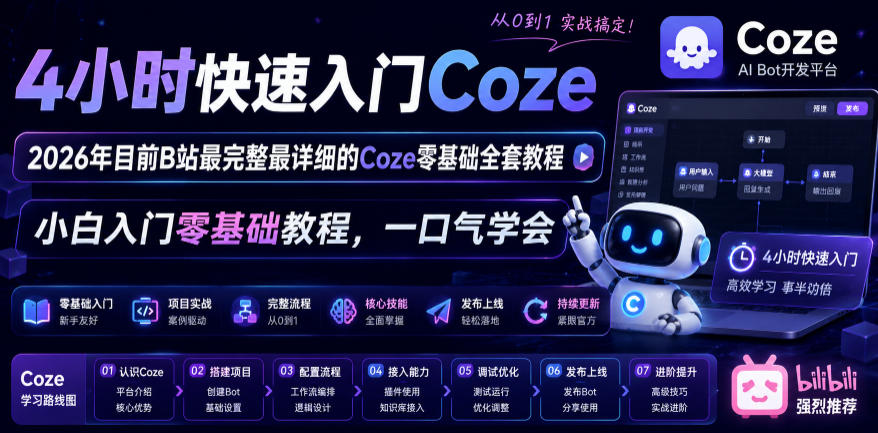 4小时快速入门Coze！2026年目前B站最完整最详细的Coze零基础全套教程，小白入门零基础教程，一口气学会！-聚富社