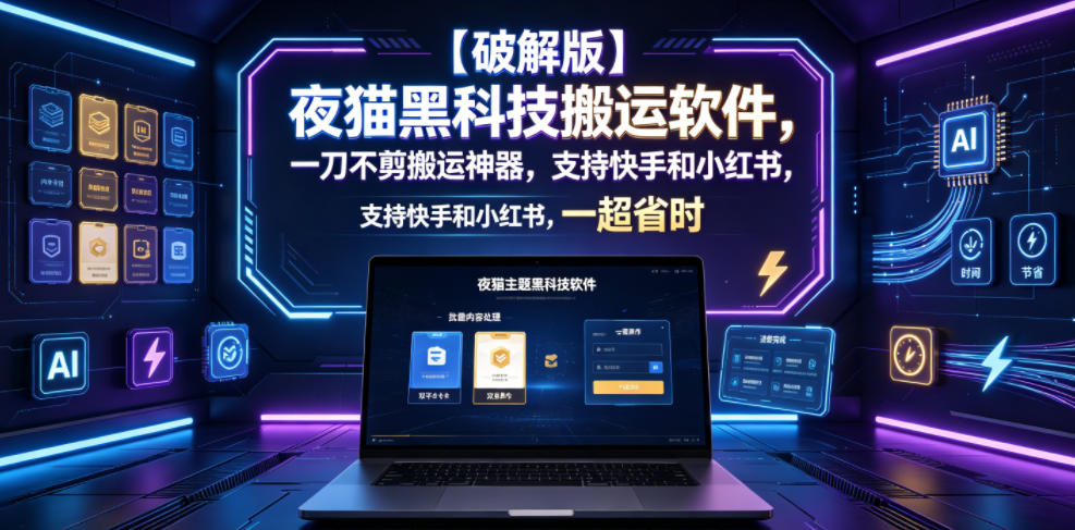 【破解版】夜猫黑科技搬运软件，一刀不剪搬运神器，支持快手和小红书，一键搬运超省时！