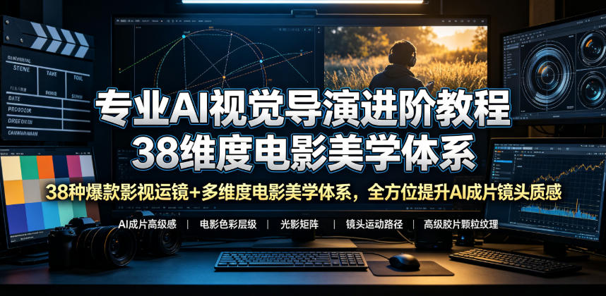 专业AI视觉导演进阶教程，38种爆款影视运镜+多维度电影美学体系，全方位提升AI成片高级感与镜头质感-聚富社